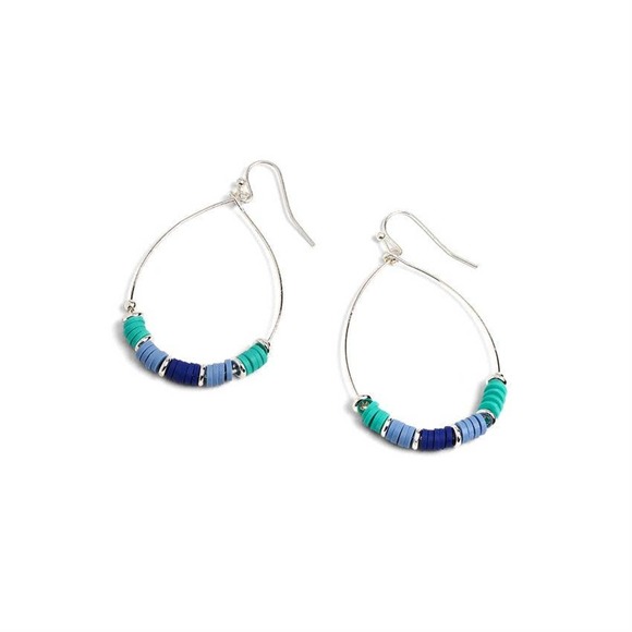Silver Open Teardrop Blue Green Hesihi Beads Hoop Earrings - Picture 1 of 2